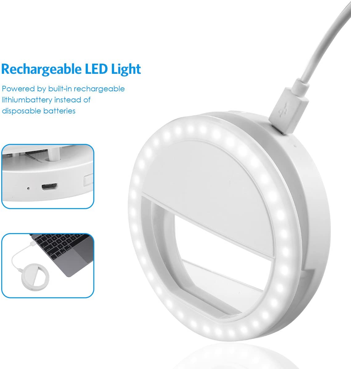 Selfie Light Ring, Ricaricabile 36 Anello Luminoso a LED con 3 Livelli di Luminosità, Supplemento Selfie Illuminazione Notte Oscurità Selfie Migliorato per Smartphone.
