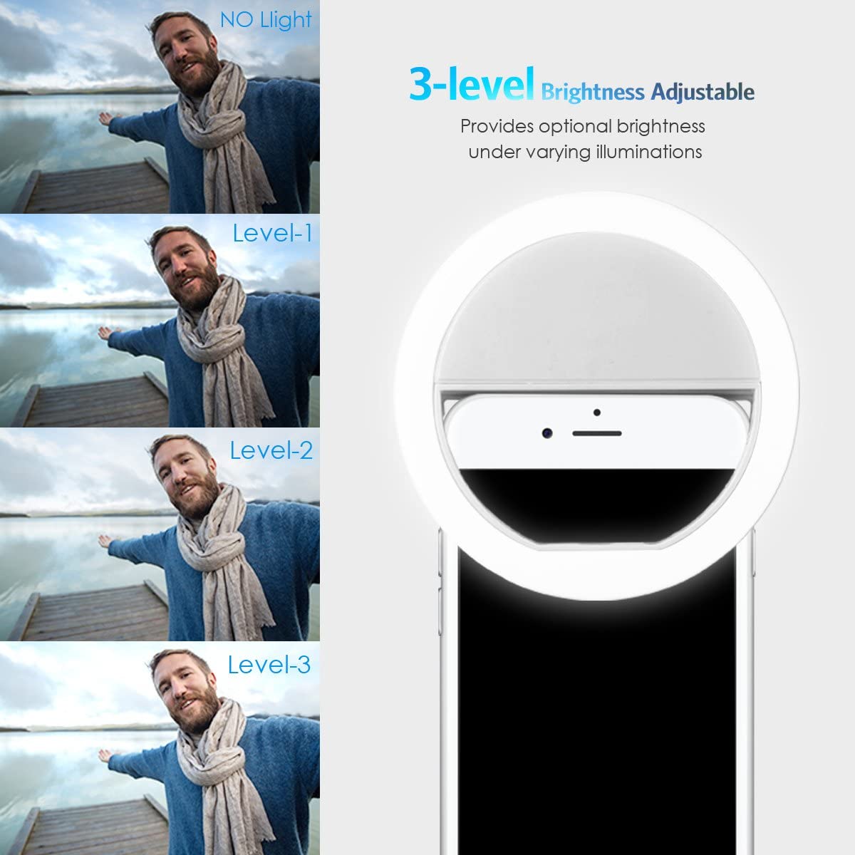 Selfie Light Ring, Ricaricabile 36 Anello Luminoso a LED con 3 Livelli di Luminosità, Supplemento Selfie Illuminazione Notte Oscurità Selfie Migliorato per Smartphone.