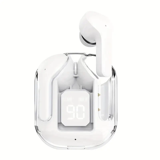 Cuffie Wireless Trasparenti con Microfoni Hifi Dual Stereo – Design Mini In-Ear con Custodia di Ricarica e Display LED colore bianco