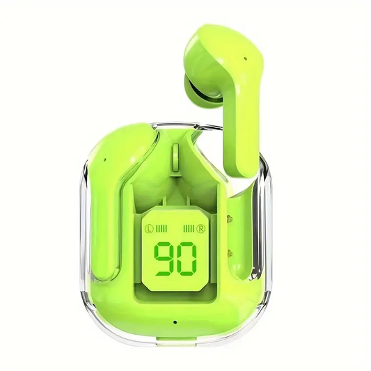 Cuffie Wireless Trasparenti con Microfoni Hifi Dual Stereo – Design Mini In-Ear con Custodia di Ricarica e Display LED colore verde